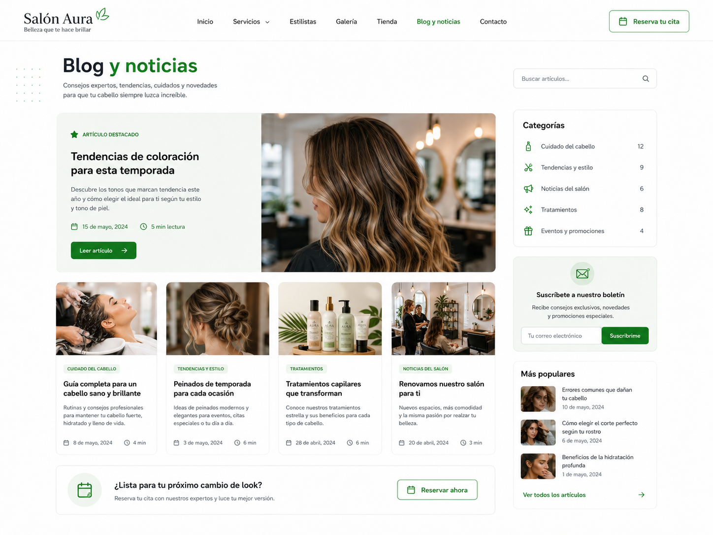 Ejemplo de blog y noticias de una peluquería
